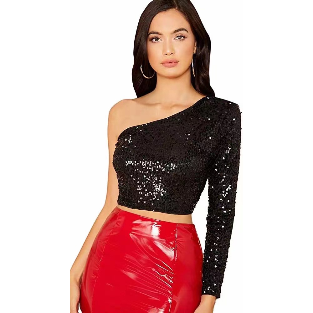 Áo Thun Trễ Vai Đính Kim Sa Thời Trang Cho Nữ