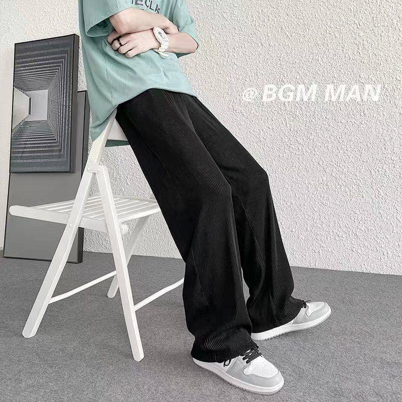 Ice Silk Trousers Men's Summer High-Grade Fried Street Pants Men's Ins Trendy Pleated Sports Style Ice Silk Drooping Wide-Leg Pants Gn0P