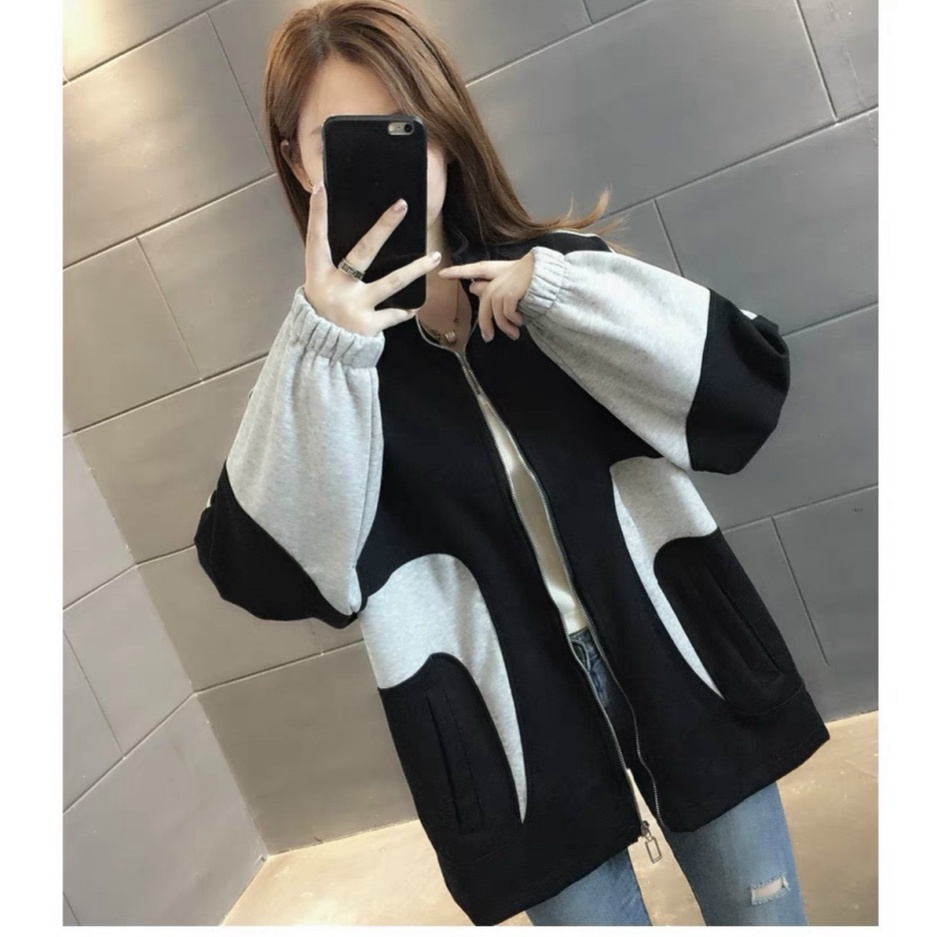 Áo Khoác Nỉ Nữ Dây Khóa Kéo Cổ Cao Phối Màu Mặc Đẹp Thoải Mái NEW UNISEX