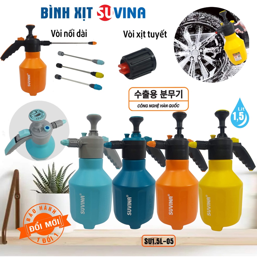 Bình Xịt Tưới Cây SUVINA  Cầm Tay 1,5 Lit SU1.5L-05, Nhựa HDPE, Khóa Phun Tự Động Và Van Xả Áp