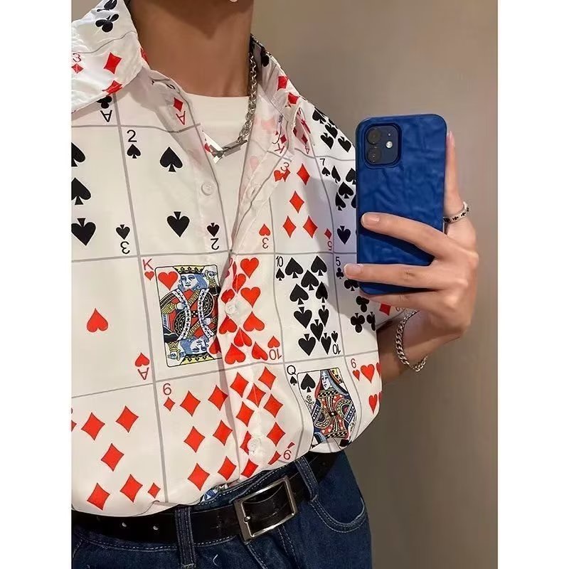 Áo Sơ Mi Nam Tay Ngắn Cổ Bẻ In Hình Lá Bài poker Phong Cách Hawaii Thời Trang Mùa Hè Mới Cỡ M-3XL