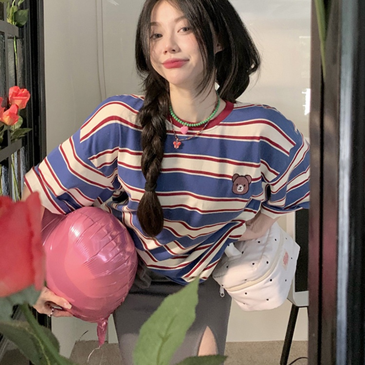 Áo thun SUXI ngắn tay dáng rộng kẻ sọc thêu họa tiết xinh xắn dễ phối đồ cho nữ