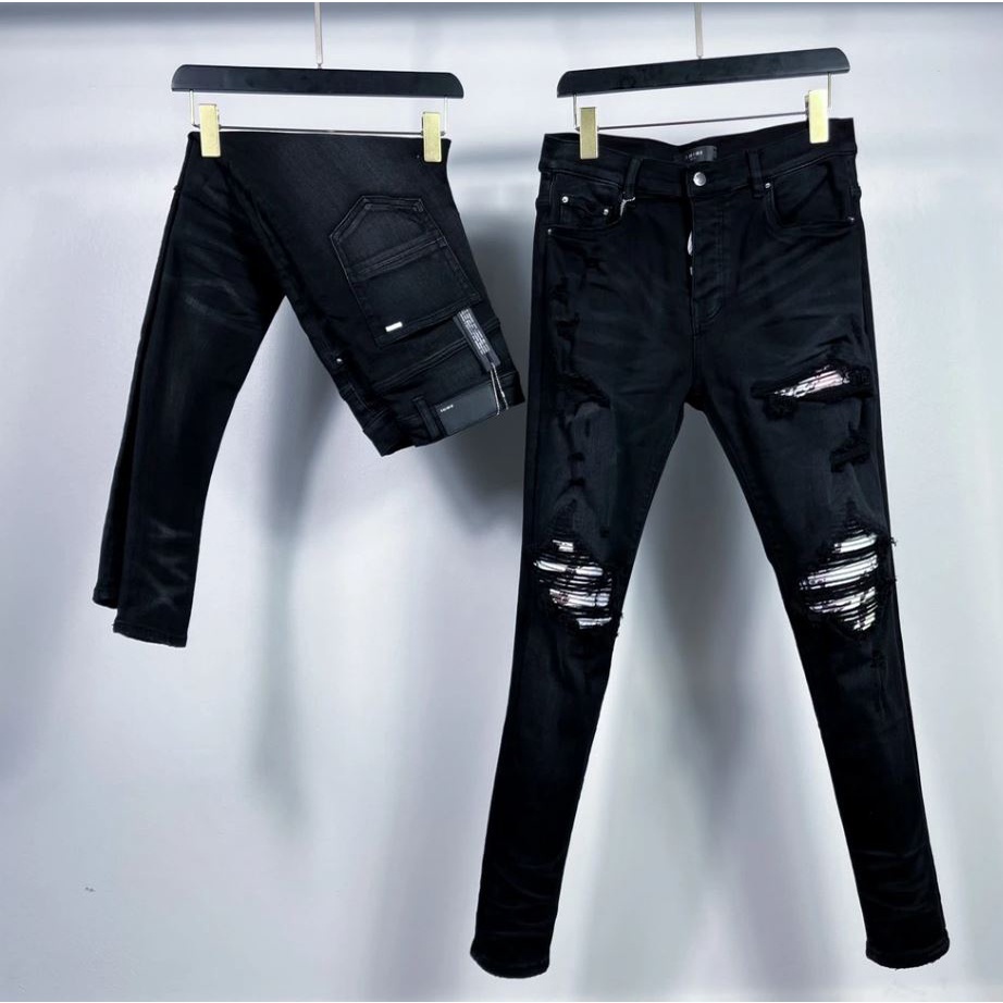 Quần Jean Skinny Nam Rách Màu Đen Gối Rách Vá Trắng Quần Bò Amiri Đen Nam Vá Gối Họa Tiết Hot