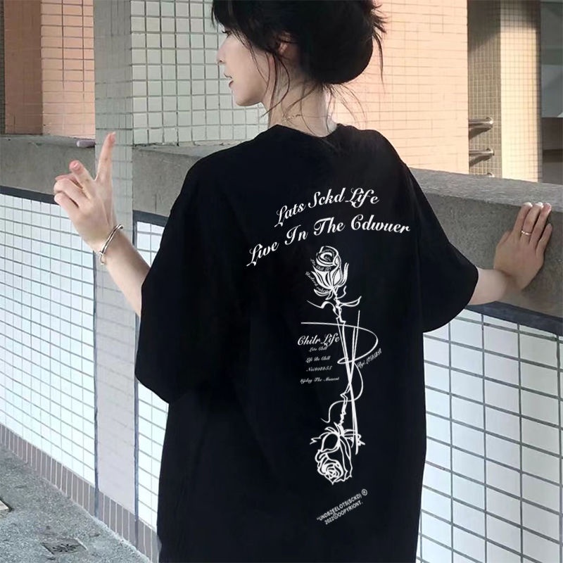 Áo thun COZOKC tay ngắn dáng rộng in hình hoa hồng thời trang