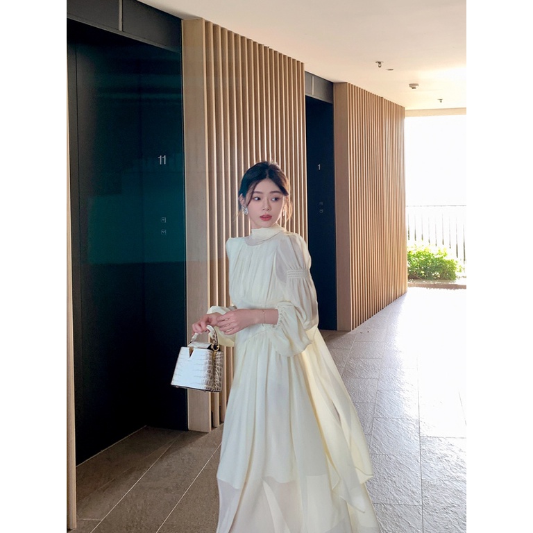 Byyyou Đầm Trắng Dáng Dài Nhấn Eo Tay Phồng Kiểu Pháp Cao Cấp Thời Trang Mùa Xuân