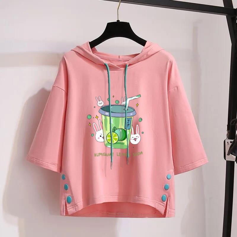 Áo Thun Cotton Có Mũ Trùm Ngắn Tay Cỡ Vừa Và Lớn Phong Cách Hàn Quốc Cho Bé Gái