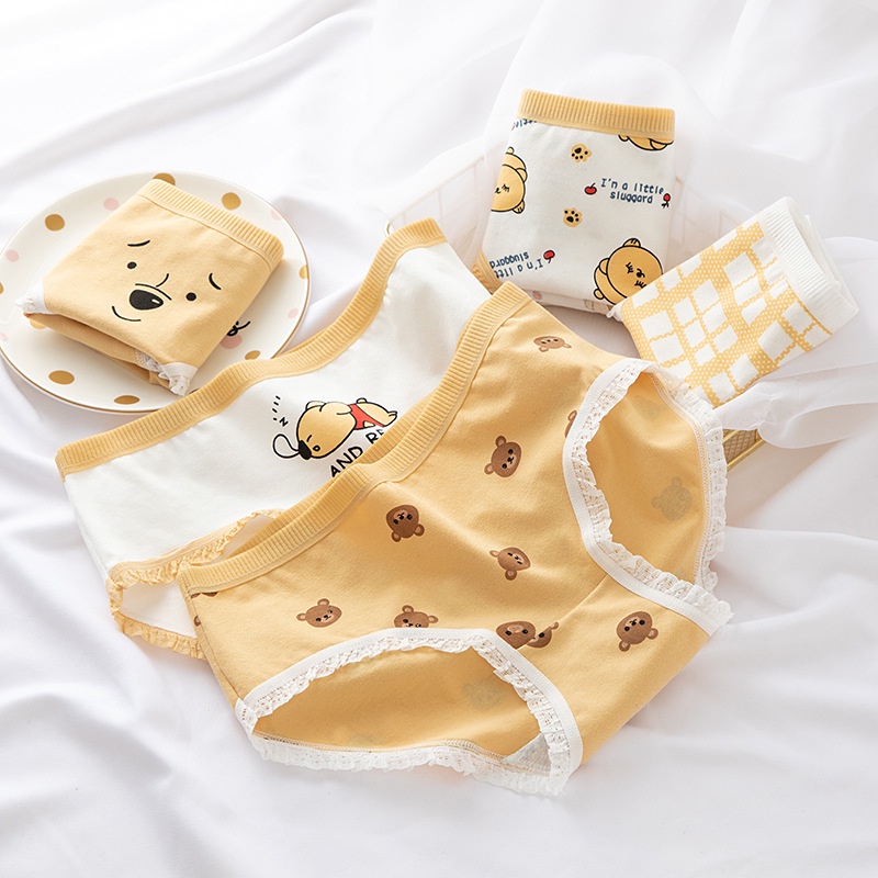 Quần lót nữ cotton viền ren họa tiết gấu lười cute 368