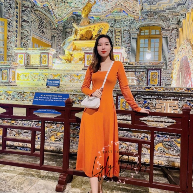 Đầm Cổ Vuông Tay Dài Dáng Xòe Chuẩn Fom- Váy Cổ U Dáng Xòe Chất Thun Cotton 3 Màu Đen, Nude và Cam