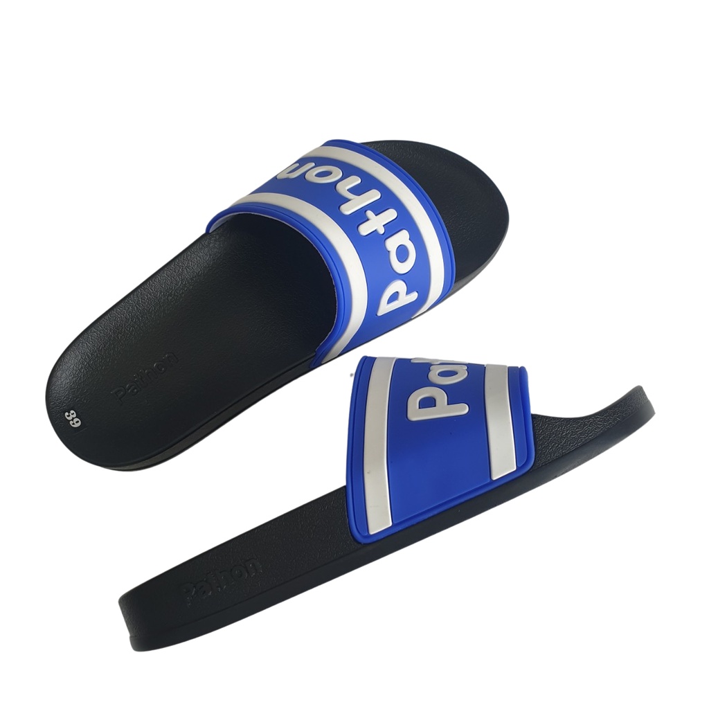 Dép nam nữ quai ngang slipper Pathon quai PVC và đế PU đen quai trắng xanh in chữ ngang Pathon SD101