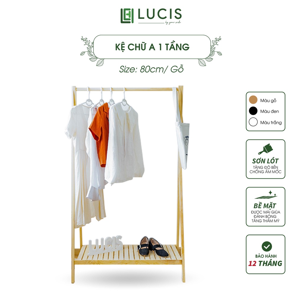 Kệ treo quần áo chữ A gỗ thông 1 tầng LUCIS size 80cm đa năng phong cách Hàn Quốc