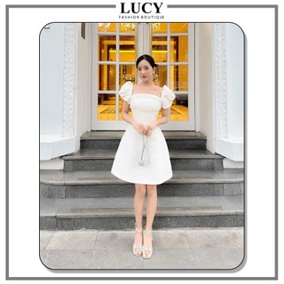 Váy Xếp Ly Ngực Luxy V30389, Thiết Kế Cổ Yếm, Tay Bồng, Phong Cách Thanh Lịch