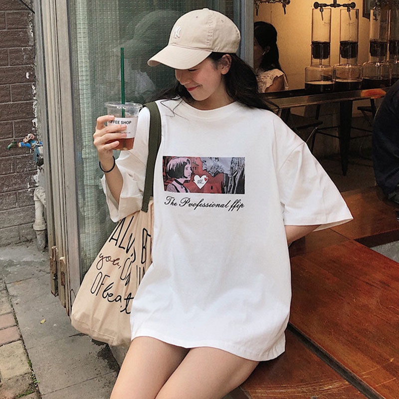 Áo thun XINLANYASHE tay ngắn dáng rộng in họa tiết kiểu Hàn Quốc thời trang mùa hè 2023 cho nữ