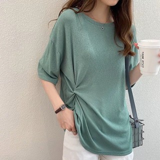 Có bigsize Áo phông nhũ cổ tròn xoắn eo dáng suông bling bling