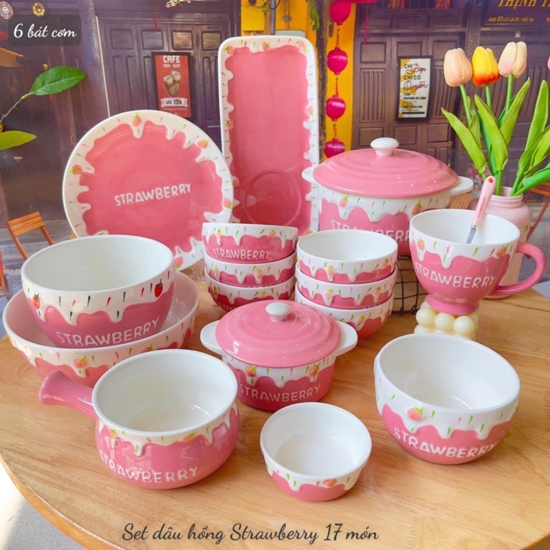 Set bộ bát đĩa Strawberry hình dâu gốm sứ cao cấp