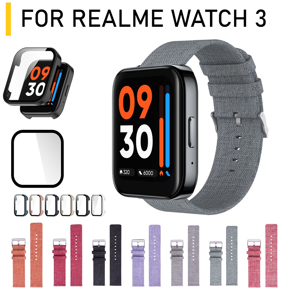 Ốp Bảo Vệ Màn Hình Đồng Hồ Thông Minh realme Watch 3 22mm Bằng Vải Canvas + Dây Đeo Sợi Nylon + Kính Cường Lực Chống Sốc