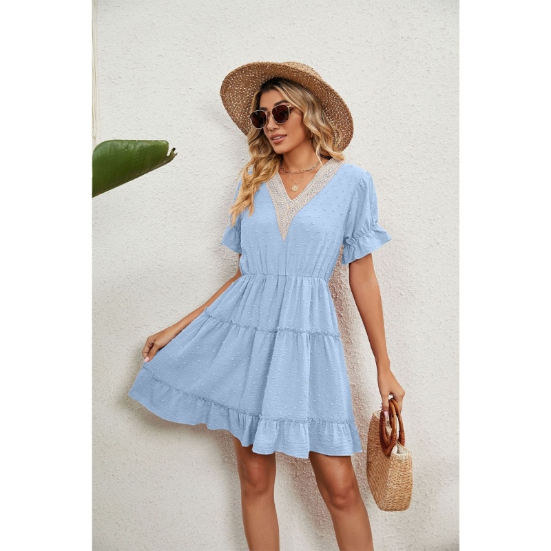 Xiangbao Đầm Mini Cổ Chữ V Lưng Cao Thời Trang Mùa Hè Giản Dị Dành Cho Nữ