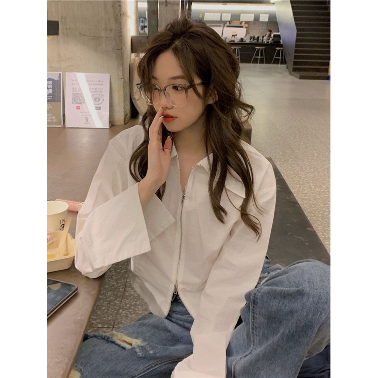 COZOK Áo Sơ Mi Dài Tay Màu Trơn Phối Khóa Kéo Thời Trang