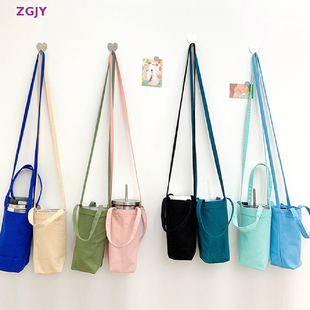 Túi Canvas Đựng Bình Nước Màu Trơn Dễ Thương Có Dây Đeo Mới