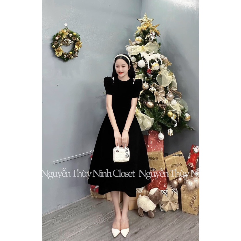 [3.3 Sales Freeship] Đầm tiểu thư nữ, đầm nhung cổ tròn khoét vai tay phồng đính ngọc dáng dài qua gối siêu xinh dx