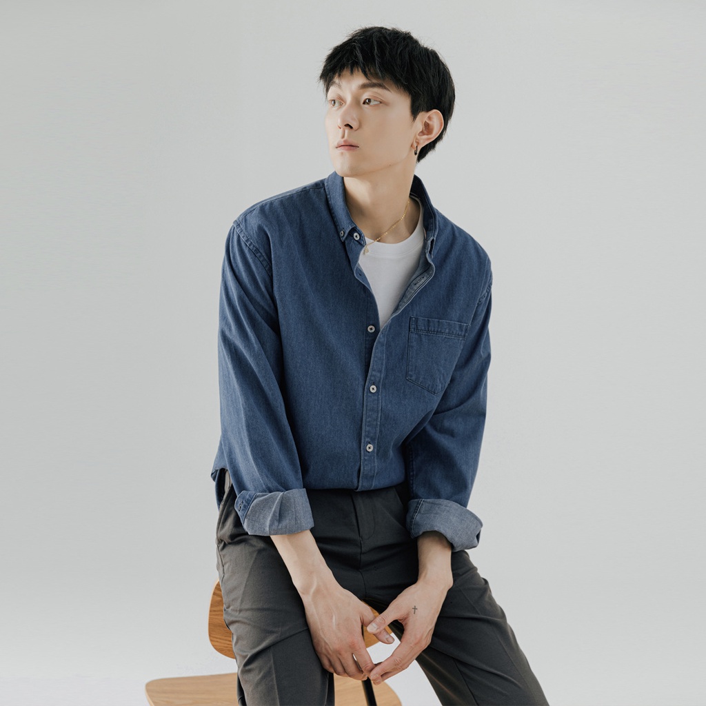 Áo Sơ Mi Denim Tay Dài Màu Trơn Phong Cách Hàn Quốc Thời Trang Mùa Thu Cho Nam