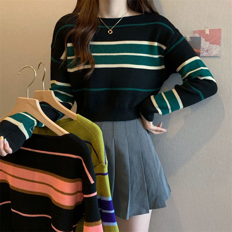 Áo Sweater Tay Dài Dáng Ngắn Họa Tiết Kẻ Sọc Màu Sắc Tương Phản Phong Cách Hàn Quốc Thời Trang Xuân Hè Cho Nữ