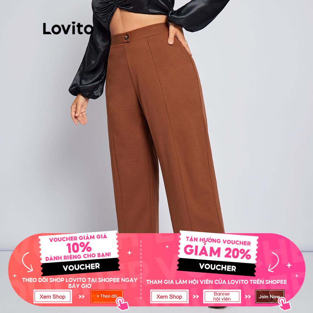 Quần Lovito plus size kết cấu khóa kéo có nút màu trơn phong cách thường ngày cho nữ LPS04057 (màu nâu)