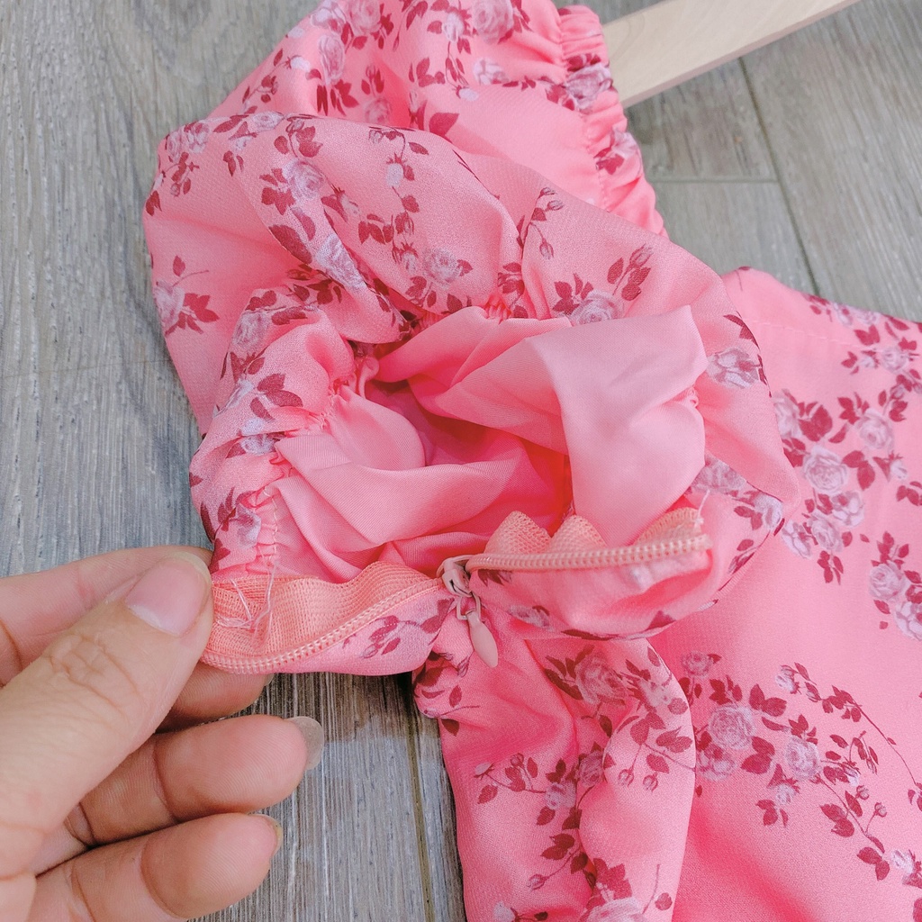 Váy bé gái voan lụa hoa nhí tay phồng nơ sau 10kg đến 22kg