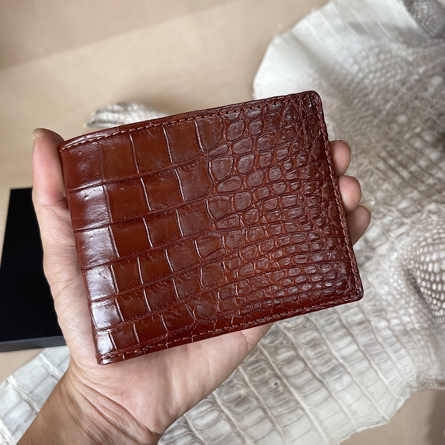 Ví Cá Sấu Da Thật 2 Mặt Phần Da Bụng Trơn Màu Nâu Đỏ BH 24T TD15223