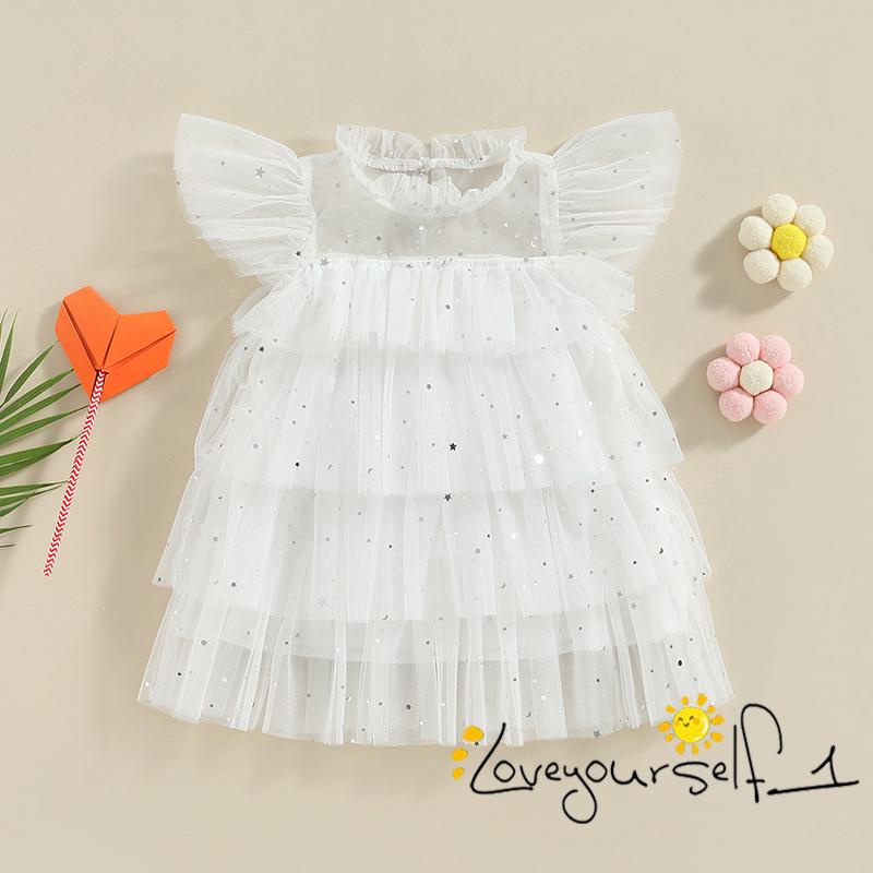 Đầm Tulle Phối Bèo Nhún In Họa Tiết Ngôi Sao Mặt Trăng Đính Kim Sa Lấp Lánh Thời Trang Mùa Hè Cho Bé Gái B930