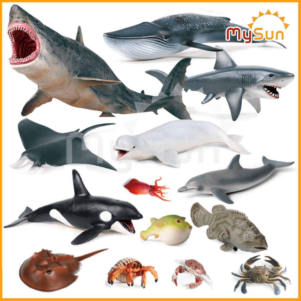 Bộ đồ chơi dạy học mô hình sinh vật cua biển, cá mập megalodon, cá voi xanh sát thủ cho bé MySun