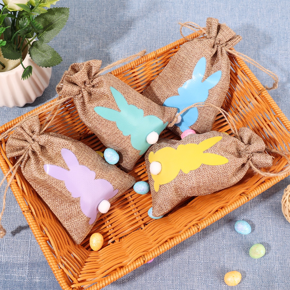 Set 6 Túi Dây Rút Vải Lanh Đựng Bánh Kẹo Trang Sức Hình Thỏ Dễ Thương