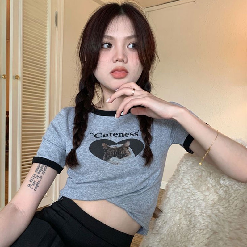 Áo Thun Lửng Ngắn Tay In Họa Tiết Thời Trang Mùa Hè Cho Nữ