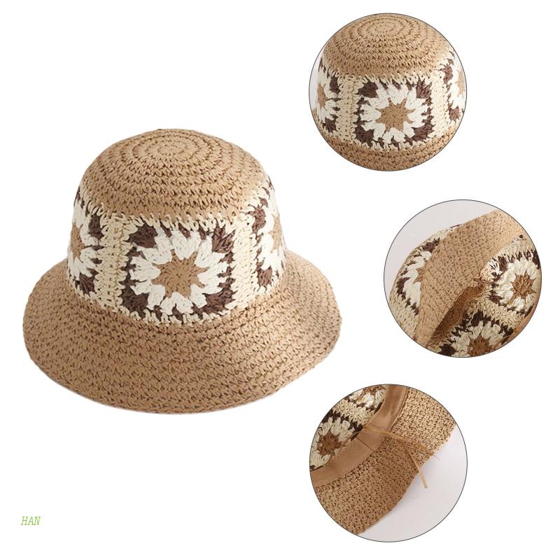 Nón Tai Bèo Đan Len Vành Rộng Thoáng Khí Họa Tiết Hoa Hướng Dương Phong Cách Boho Dành Cho Nữ