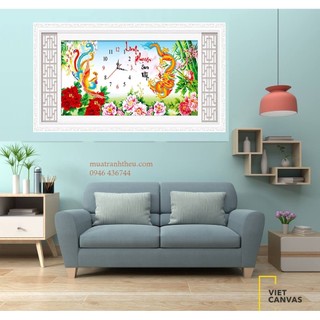 Tranh đính đá đồng hồ long phụng KT:94x45cm,tranh chưa làm và chưa khung