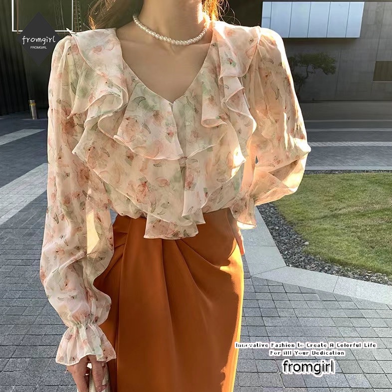 Hàng Mới Về Mới Áo Sơ Mi Nữ Tay Dài Cổ Chữ V In Hoa Thời Trang Hàn Quốc