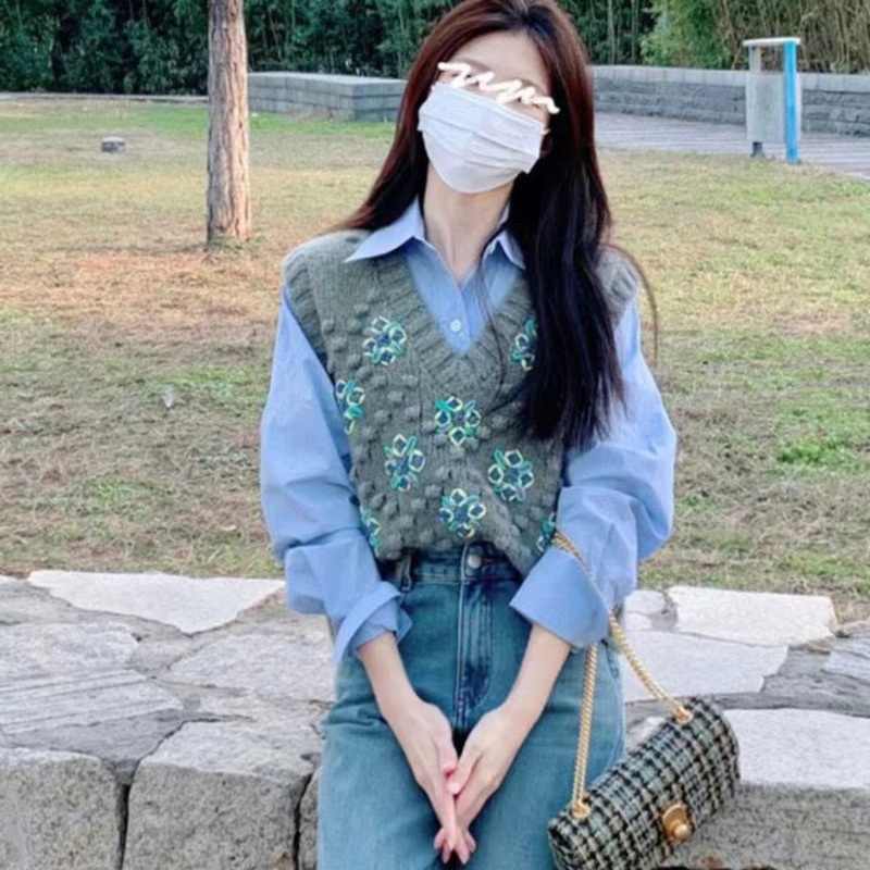 Áo Sweater Dệt Kim Sát Nách Cổ v Kiểu Retro Hàn Quốc Thời Trang Mùa Thu Năng Động