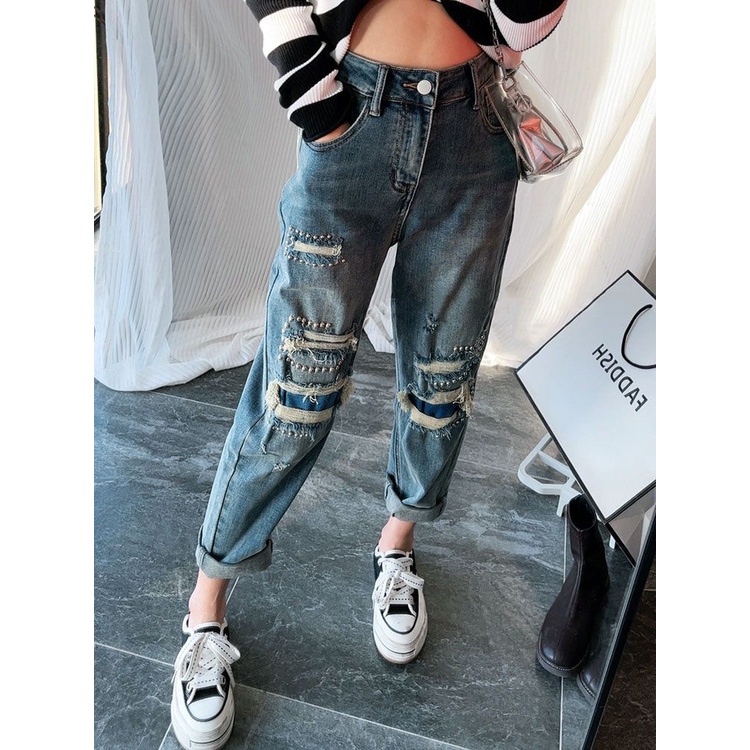 Quần Jean Rách Đính Hạt Giả Nhỏ Phong Cách Mới 2023 Dễ Phối Đồ Cho Nữ
