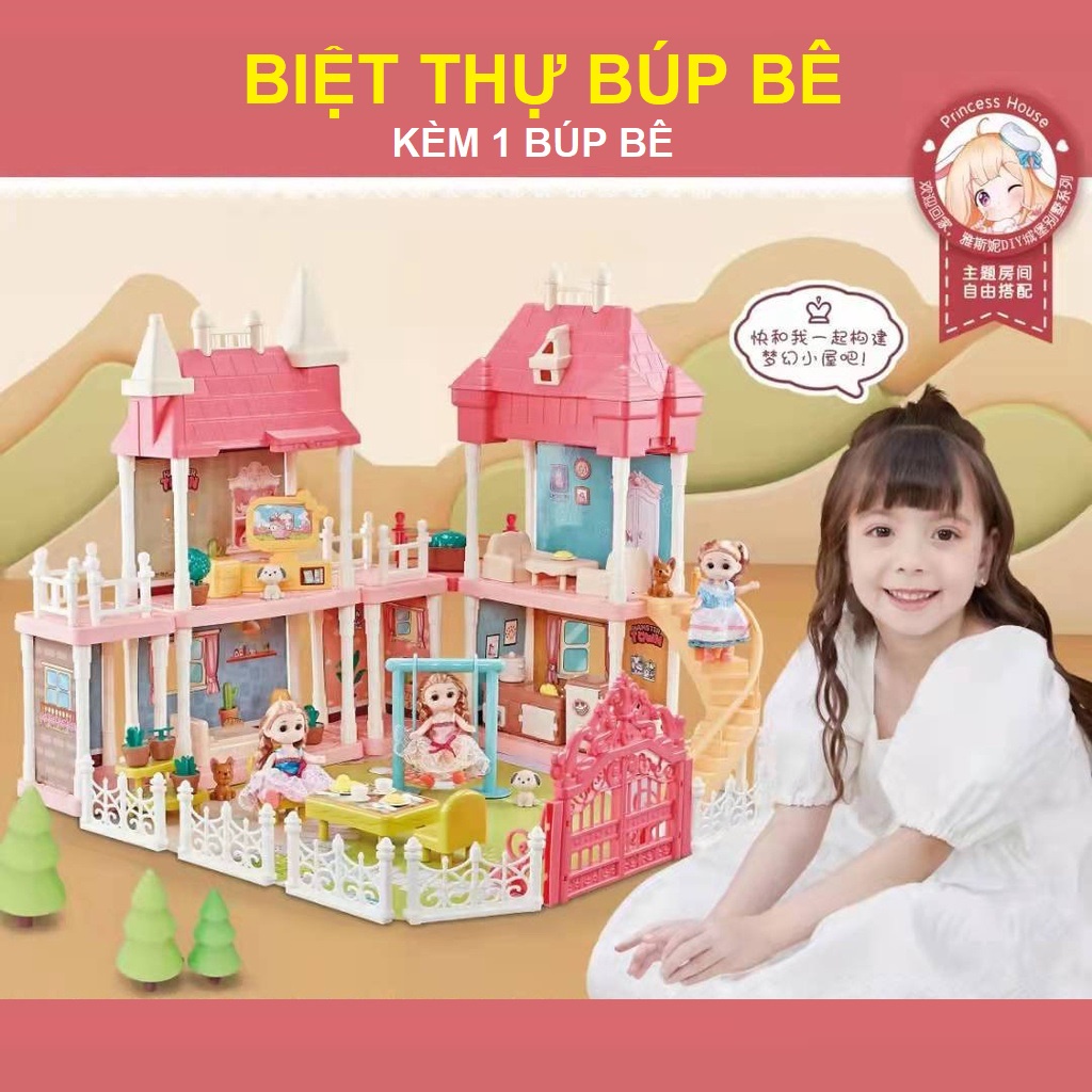 Nhà búp bê barbie công chúa đồ chơi mô hình ngôi nhà cỡ lớn cho bé tặng kèm 1 búp bê, quà tặng sinh nhật trẻ em