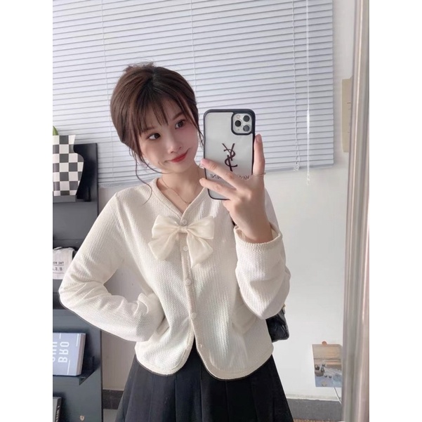 Áo kiểu nữ tay dài kèm nơ hàng Quảng Châu xốp tăm, áo khoác mùa đông nữ thời trang Hàn Quốc giả túi dài tay 89701 5