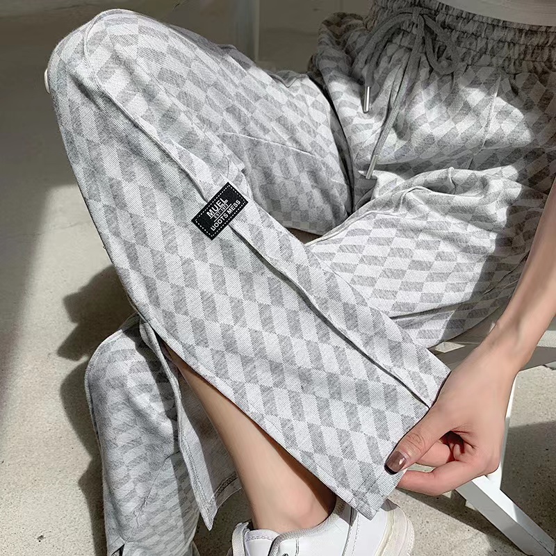 ZHELIHANGFEI Quần Dài Ống Rộng Lưng Cao Họa Tiết Sọc Caro Phong Cách Mỹ