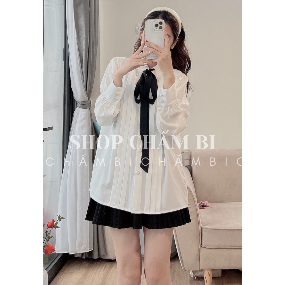 Áo sơ mi nữ dài tay A.417, Áo sơ mi tay bồng cổ sen đan nơ đen cách điệu cực xinh - Thời trang nữ Chấm Bi