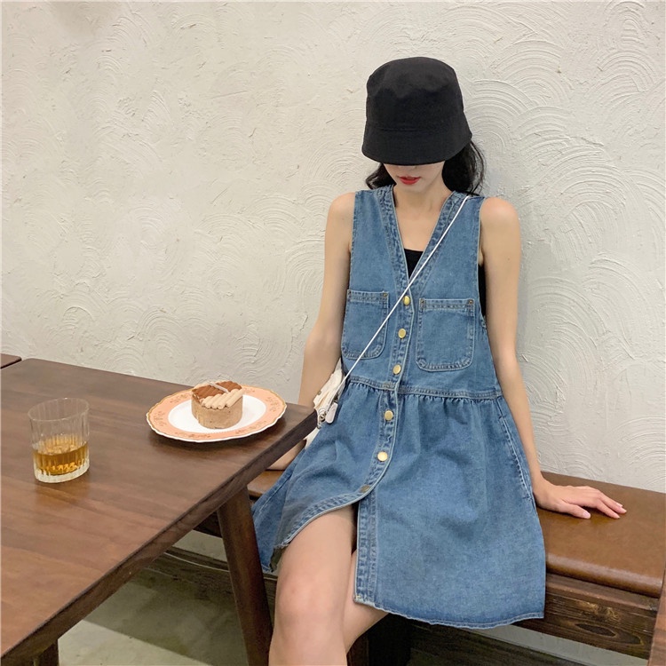 Đầm Yếm Denim Cổ Chữ V Thiết Kế Mới Thời Trang Mùa Hè 2023 Dành Cho Nữ