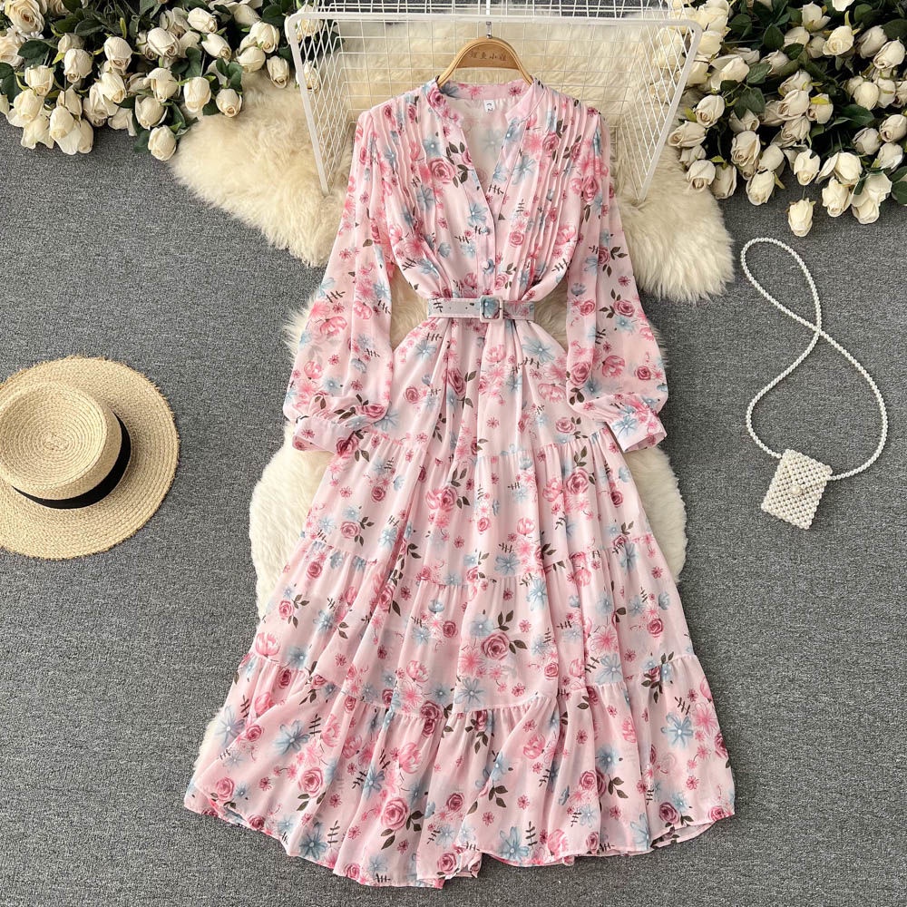 Đầm Voan Hoa Tay Dài Cổ Chữ V Thời Trang Dành Cho Nữ