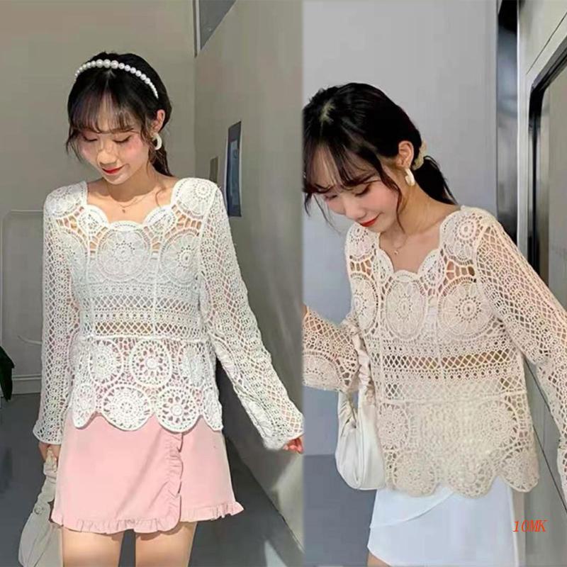 Áo Thun Dệt Kim Tay Dài Dáng Rộng Họa Tiết Hình Học Rỗng Đan Móc 10MK Đi Biển Cho Nữ