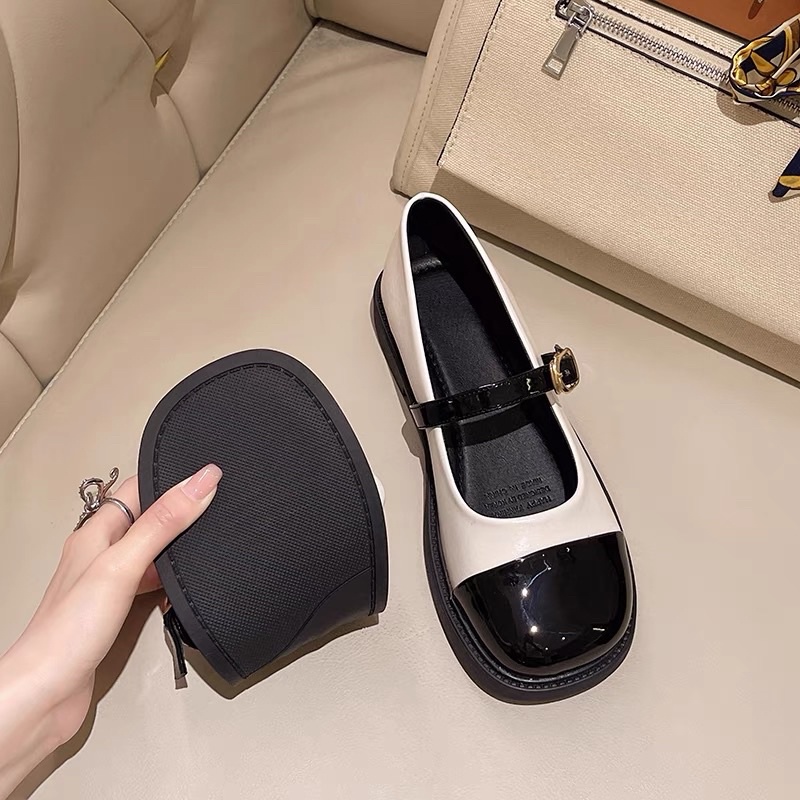 Giày búp bê nữ đế bệt quai cài Mũi Vuông vá Đen cao cấp