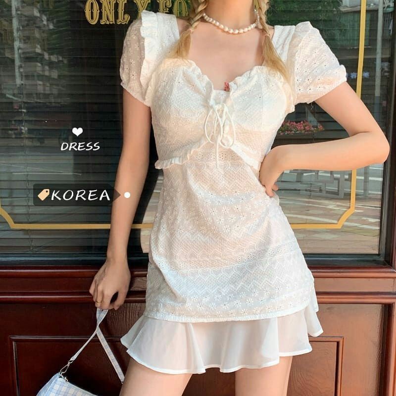 Đầm trắng họa tiết hoa korea - Có ảnh thật