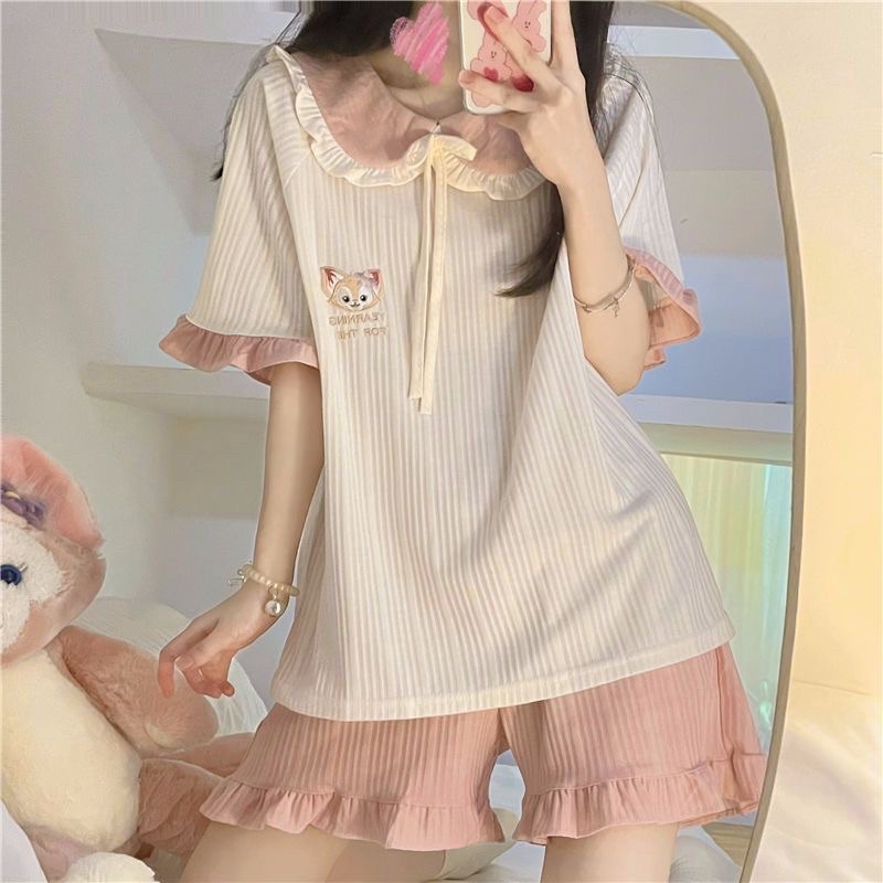 Bộ đồ ngủ phong cách công chúa nữ mùa hè ngắn tay búp bê cổ áo diềm xếp nếp ngọt ngào dễ thương bộ đồ phục vụ mặc nhà