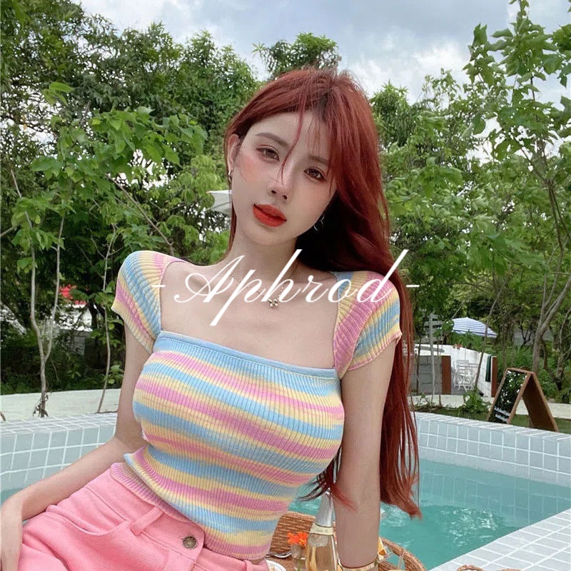 Aphrod Áo Dệt Kim Lụa Lạnh Kẻ Sọc Cầu Vồng Eo Cao Phong Cách Hàn Quốc Ngọt Ngào Cho Nữ
