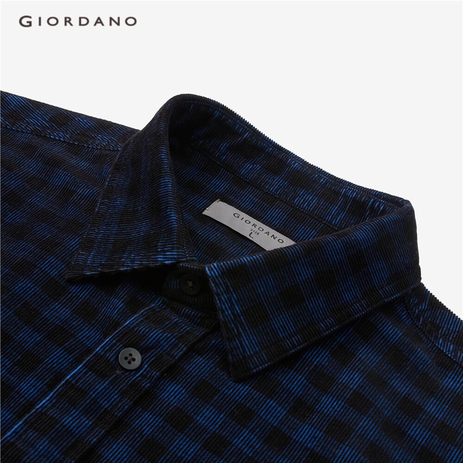 Áo sơ mi GIORDANO 18043601 vải dệt kim corduroy tay dài họa tiết caro phối túi dành cho nam