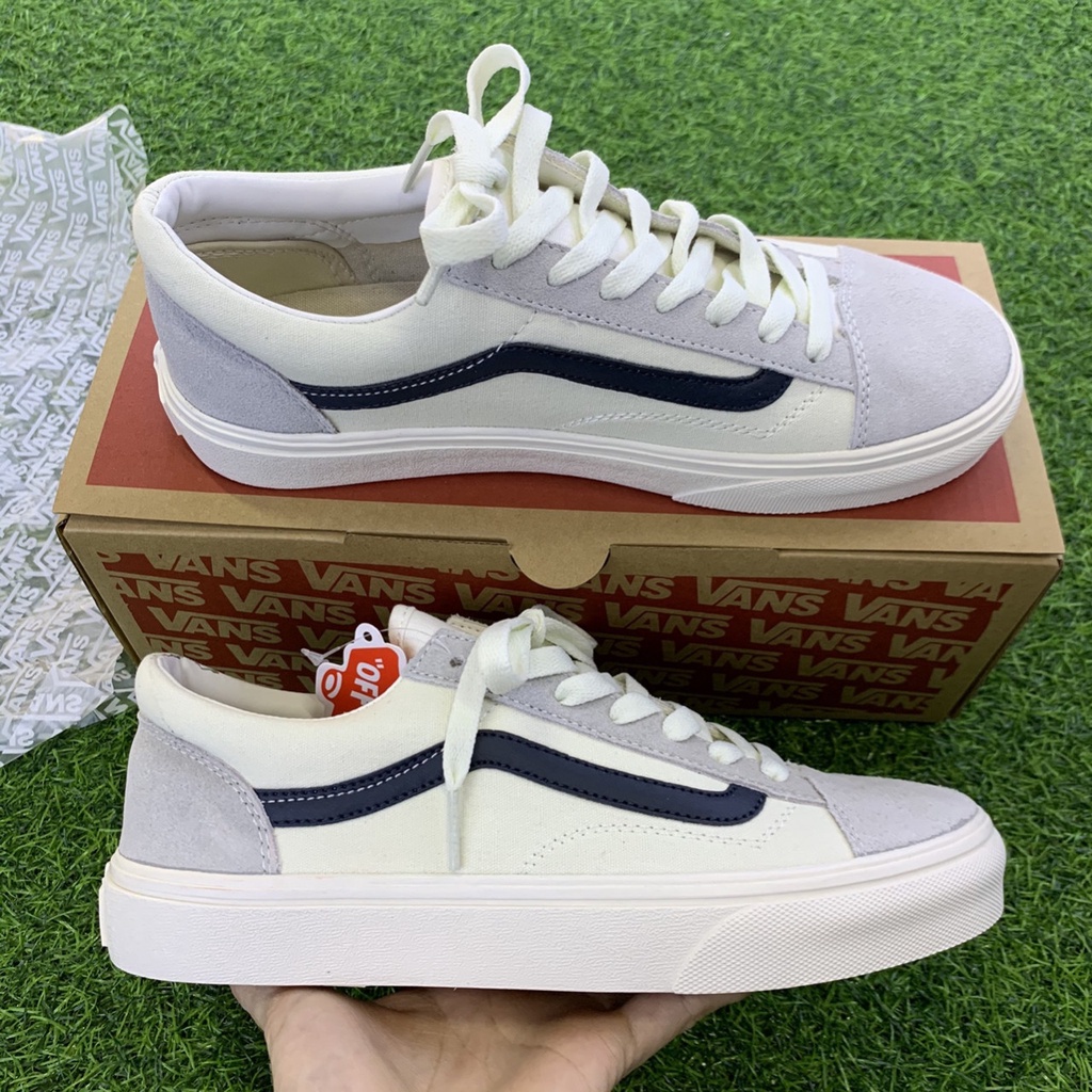Giày thể thao nam nữ Vans vault old skool màu trắng xanh - Giày Vans old skoll màu trắng vệt xanh than navy Full Box